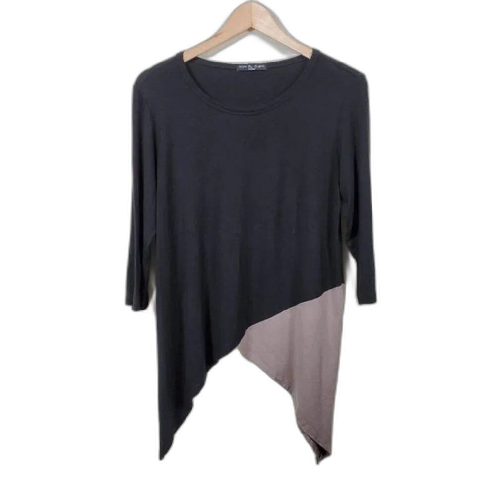 Kim & Cami Color Block Asymmetrical Tunic Top Black Tan Womens Size M 3/4 Sleeve